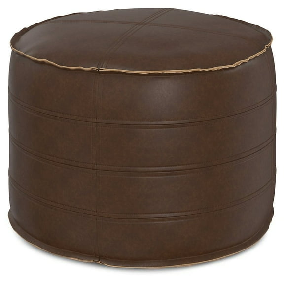 Simpli Home Brody Boho Round Pouf in Distressed Dark Brown Faux Leather