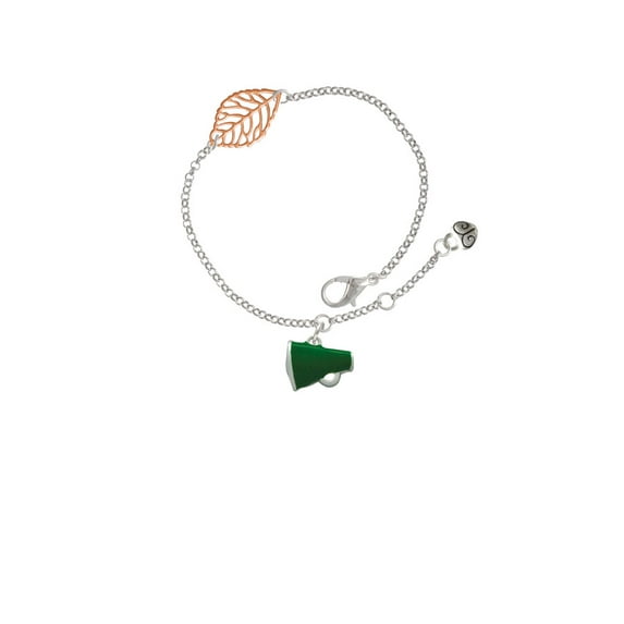 Delight Jewelry Silvertone Small Green Megaphone - Rose Goldtone Leaf Delicate Bracelet, 6.25+1.75"