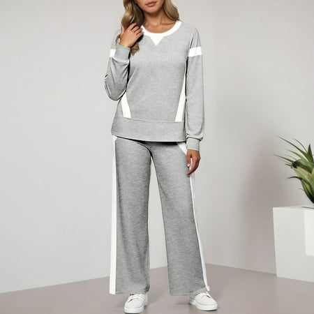 Letdown Lounge Sets for Women 2 Piece Fall Outfits 2025 Wide Leg Pant Matching Sets Womens Clothing Color Block Tracksuits (Silver XL)