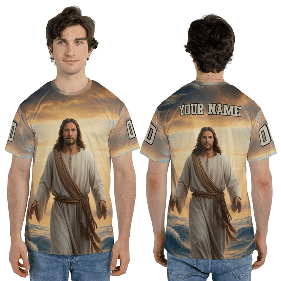 Jesus Walking on Water Custom Name Number 3D T-Shirt, Christian Worship 3d T-shirt, Jesus Savior 3D Print Shirt