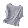 thumbnail image 4 of HomeGardon Womens Shirts Plus Size Tops for Women,Women's Solid Color Imitation Cotton and Linen Shoulder Down Short Sleeved Round Neck Hem Slit Top,S-XXXXL, 4 of 5