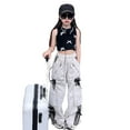 thumbnail image 2 of WERYOUNG Girls Streetwear Cargo Pants Summer Fashion Bow Zipper Trim Stretch Elastic Empire Waist Drawstring Straight Wide Leg Pants With Pockets Baby Versatile Athletic Pants,Light Gray,10-11 Years, 2 of 4