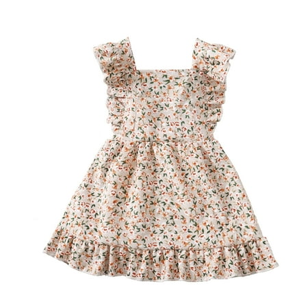 

Kucnuzki Infant Baby Girl Clothes 5T Summer Dress 6T Fly Ruffled Sleeve Florl Prints Pit Stripe Overall Cozy Sleeveless Dress White
