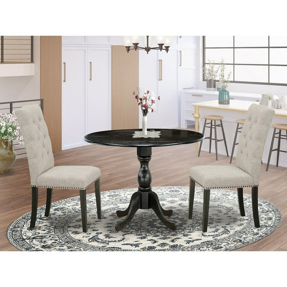 Wood Dining Table Set with Chairs - 3 Piece Drop Leaf Table & Linen Fabric Parsons Chairs - Black Finish