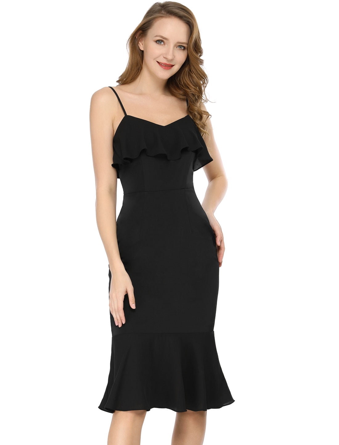 black spaghetti strap bodycon midi dress