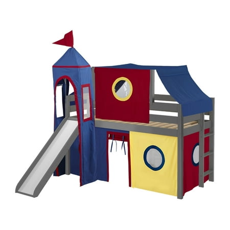 JACKPOT! Castle Low Loft Bed with Slide Red & Blue Tent and Tower Loft Bed Twin Gray