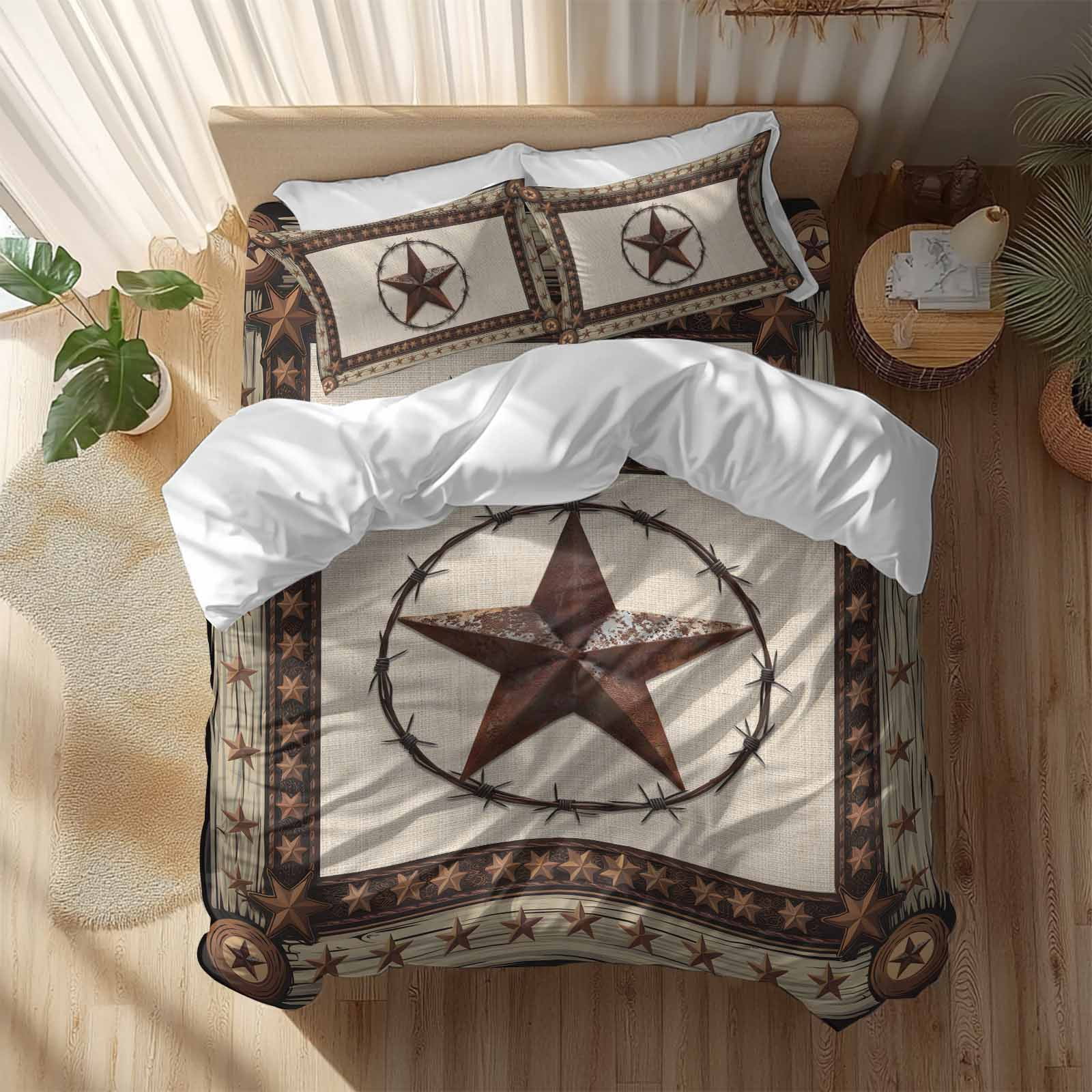 Cal King 4 Piece Bedding Set Country Star Texas Farm Wood Plank Soft Breathable Duvet Cover and Pillowcase,Farmhouse Vintage Linen Duvet Cover Set Washable Bed Sheets for Bedroom Dormitory Guest Room