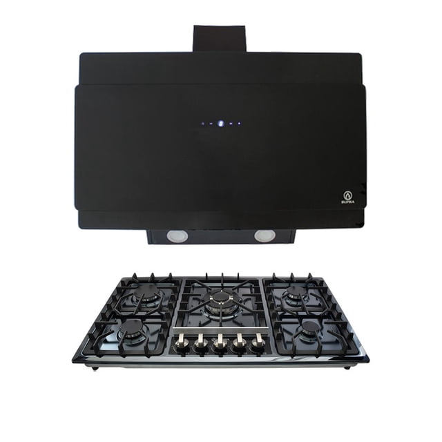 Combo Messina Parrilla Empotrable de 5 quemadores Acero Inoxidable con Campana de Pared Murano con Cristal Templado Color Negro SUPRA Messina