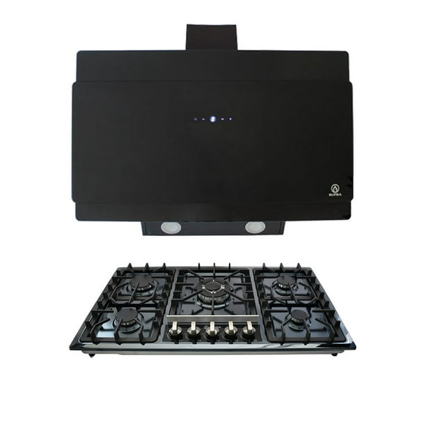 Combo Messina Parrilla Empotrable de 5 quemadores Acero Inoxidable con Campana de Pared Murano con Cristal Templado Color Negro SUPRA Messina