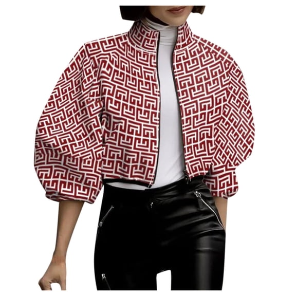 Arlun Women's Fall Spring Polka Dot Floral Cropped Coats Lightweight Stand Collar Puff Sleeve Fashion Trendy Jackets Full Zipper Long Sleeve Floral Printed Fashion Outwear Red XL
