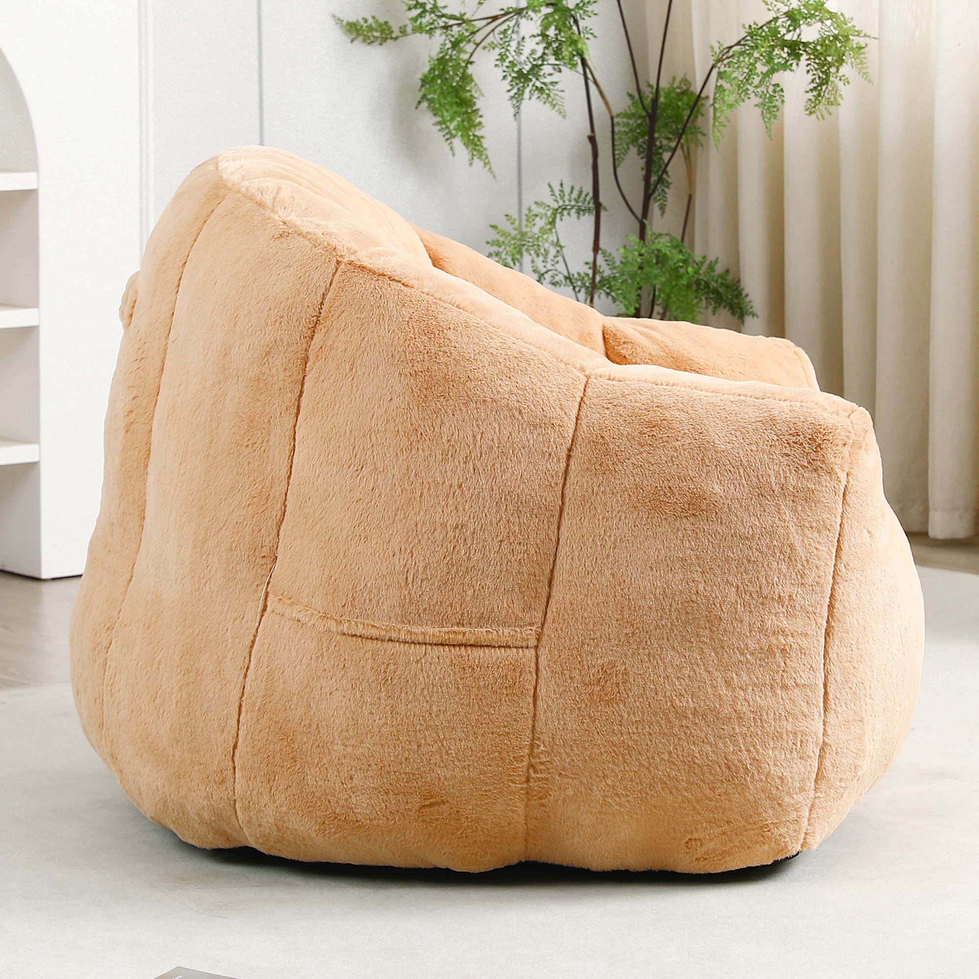 PAPROOS Oversized Bean Bag Chair for Adults, Brown Faux Fur Memory Foam Bean Bag Sofa, Pre-Filled Comfy Lazy Sofa Chair with Removable Cover for Living Room Bedroom Dorm