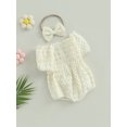 thumbnail image 3 of GXFC Infant Baby Girl Romper Dress Outfits Newborn Girls Short Sleeve Off-shoulder Jumpsuit One Piece Skirt Dress Babysuit with Bow Headband 0-18M, 3 of 9