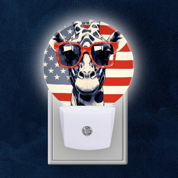 Night Light Plug into Wall,Dusk to Dawn Sensor Auto-On/Off for Bathroom, Hallway,Kids Room-Giraffe Wearing Red Glasses In Front Of American Flag