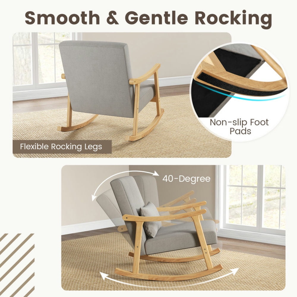 Finihen Rocking Chair, Modern Upholstered Accent Chair, Nursery Rocking Accent Chair with Rubber Wood Armrests, for Living Room, Bedroom, Gray