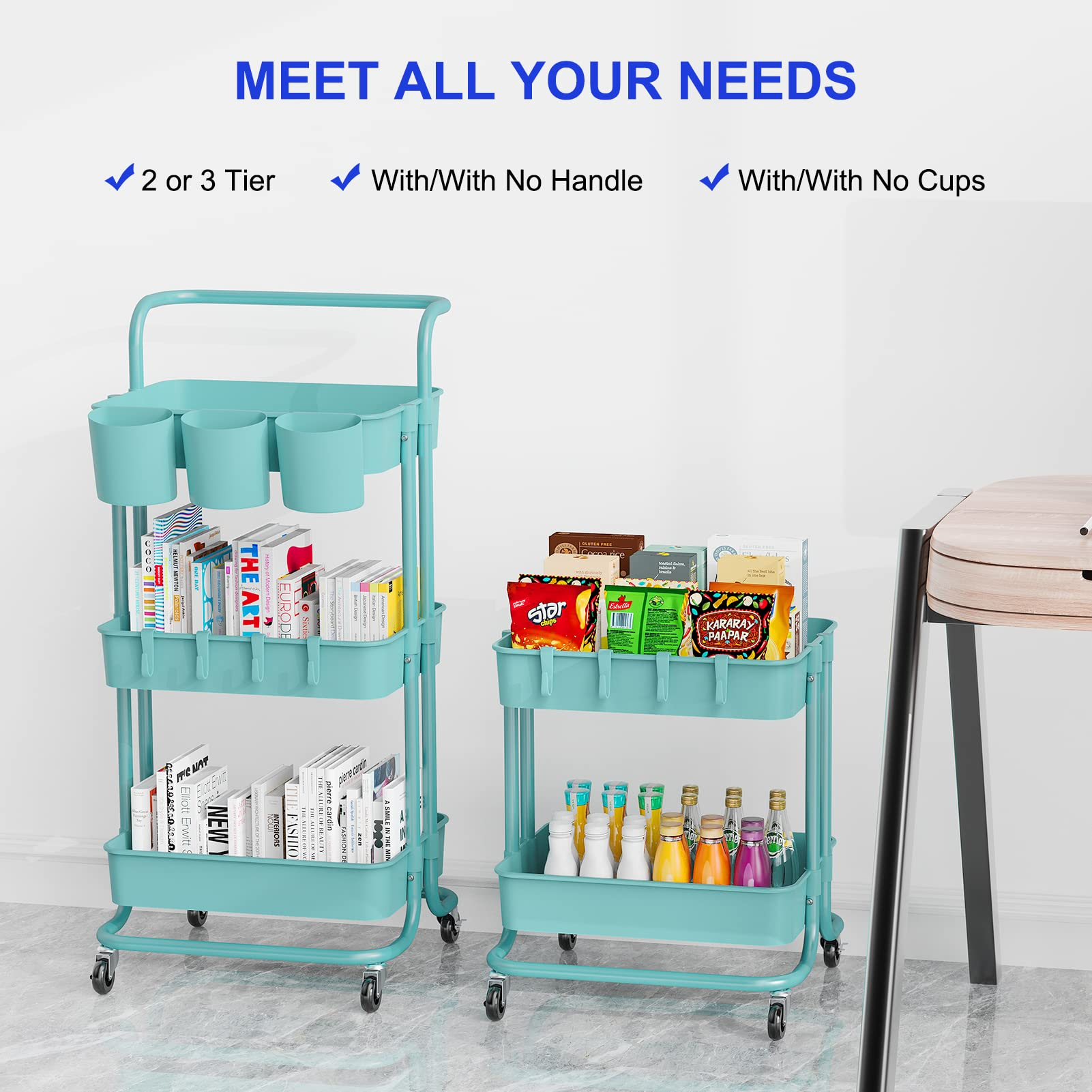 Freletry 3 Tier Utility Rolling Cart Storage Organizer Shelf Rack with 3PCS  Hanging Cups + 8PCS Hooks + 2PCS Storage Box for Home Office Kitchen