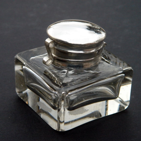 TreasureGurus Antique Clear Glass Inkwell, Single Piece, Assorted Ink Colors
