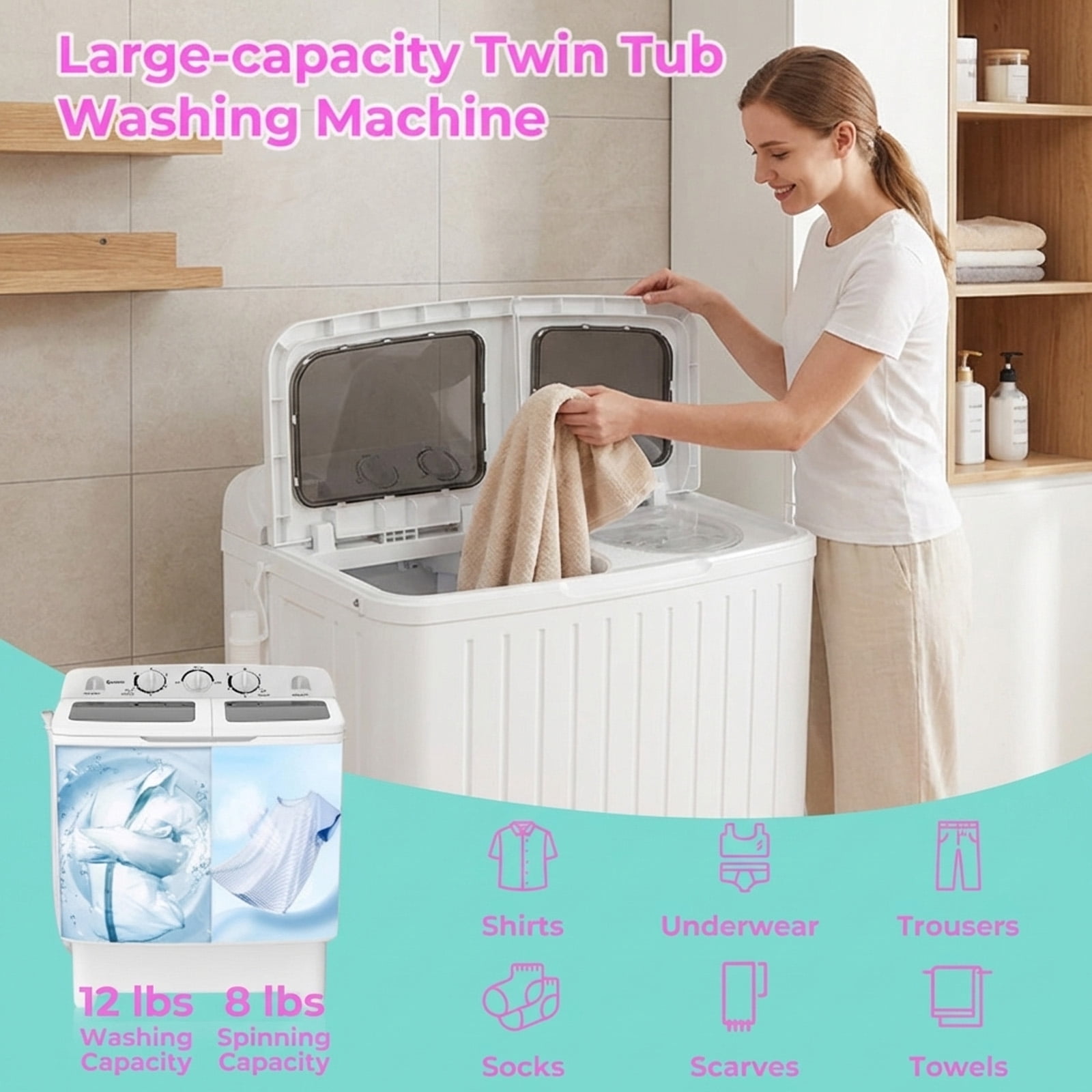 RUIE Portable Washing Machine,20 Lbs Twin Tub Washer with Gravity Drain and Dual Motors,12 Lbs Wash and 8 Lbs Spin,3 Modes,Compact Washer for Apartment Dorm RV