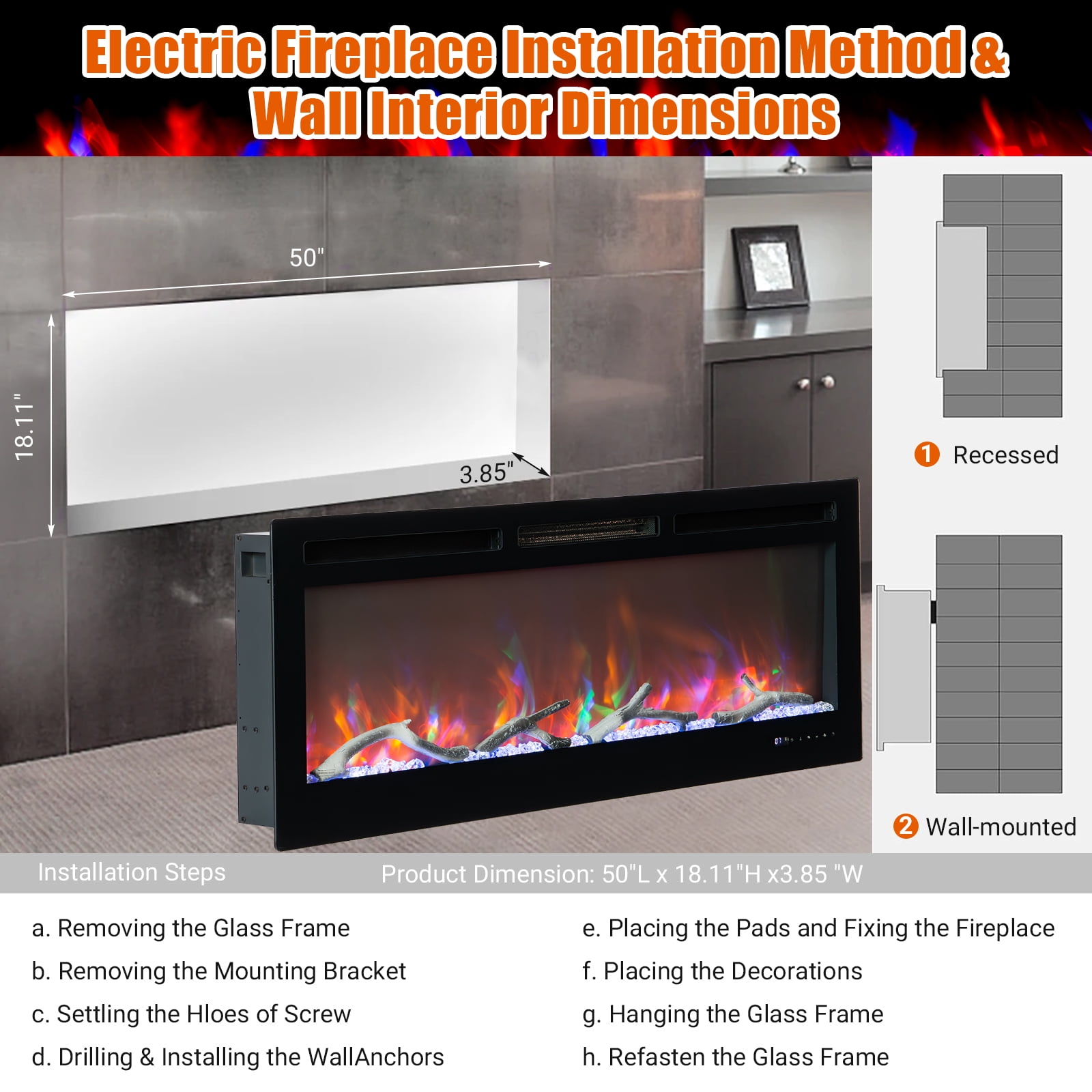 Yesurprise 50" Electric Fireplace - In-Wall Recessed or Wall Mount with Remote, Dual Heat, Thermostat & 12 Flame Colors with Timer