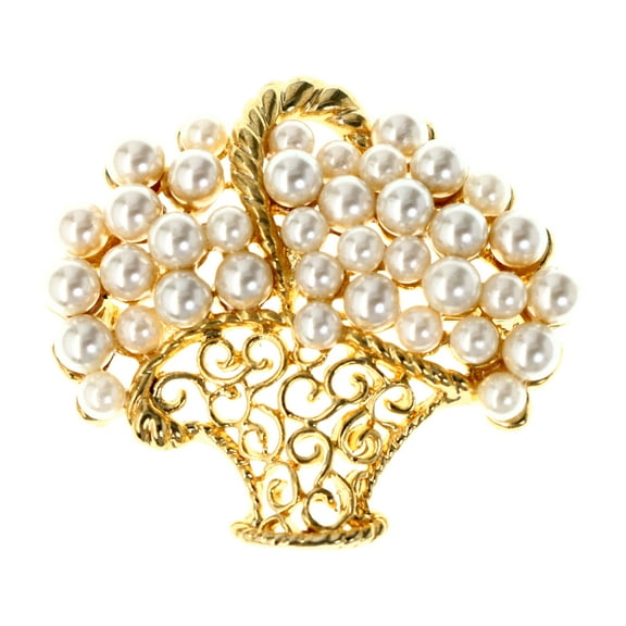 Filigree Basket  Brooch-Pin With Bead Accents White & Gold-Tone Colored #LQP1237