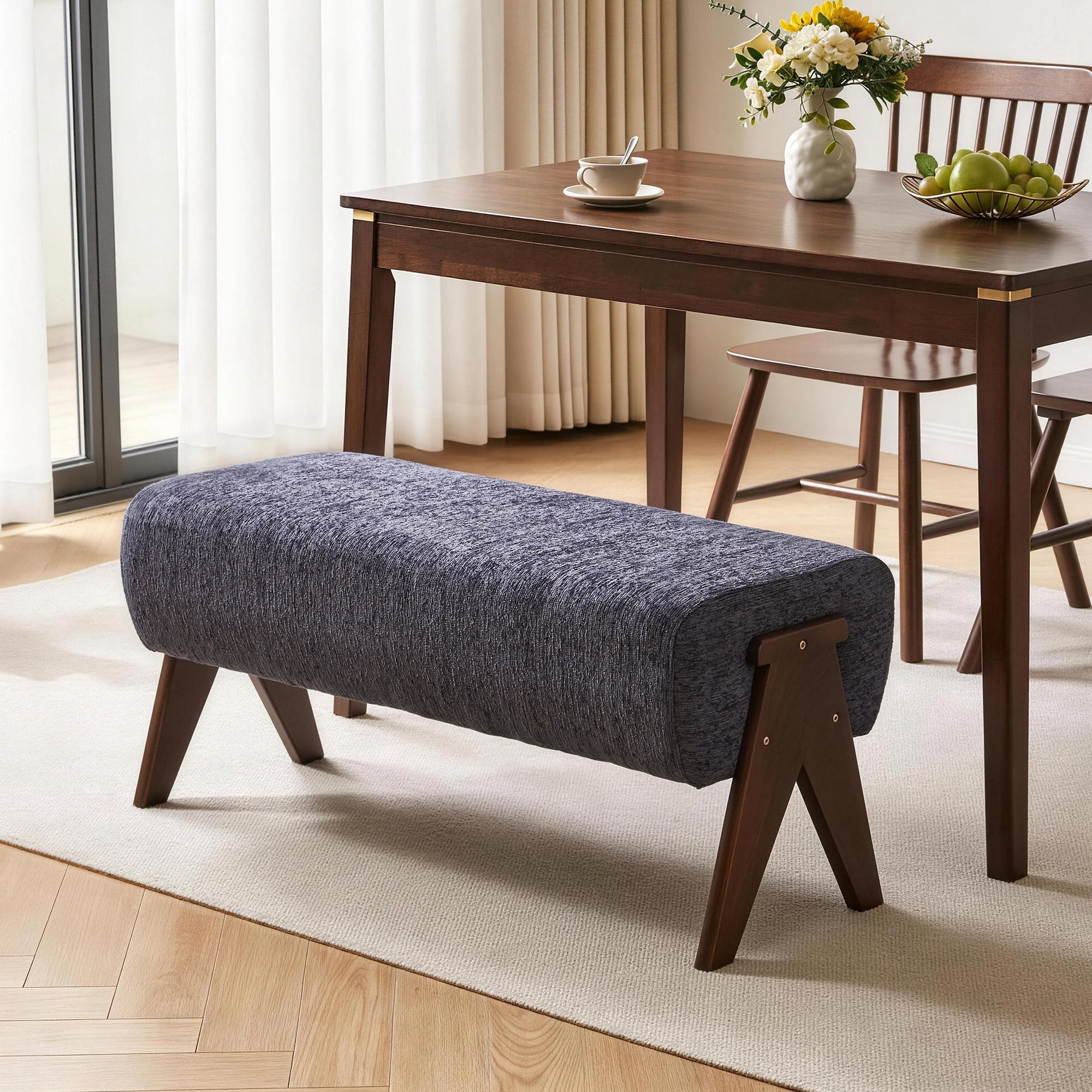 Leumius Chenille Bench,Modern Upholstered with Ergonomic Padded and Solid Wood Legs,Ottoman Bench for Foyer Bedroom Living Space,Entry,Blue