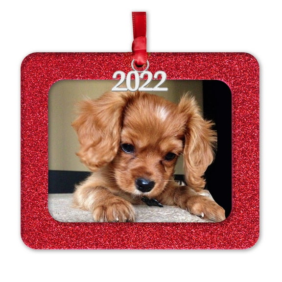 Expressly Yours! 2022 Picture Frame Christmas Ornament with Magnetic Glitter and Non-Glare Photo Protector, Horizontal Red