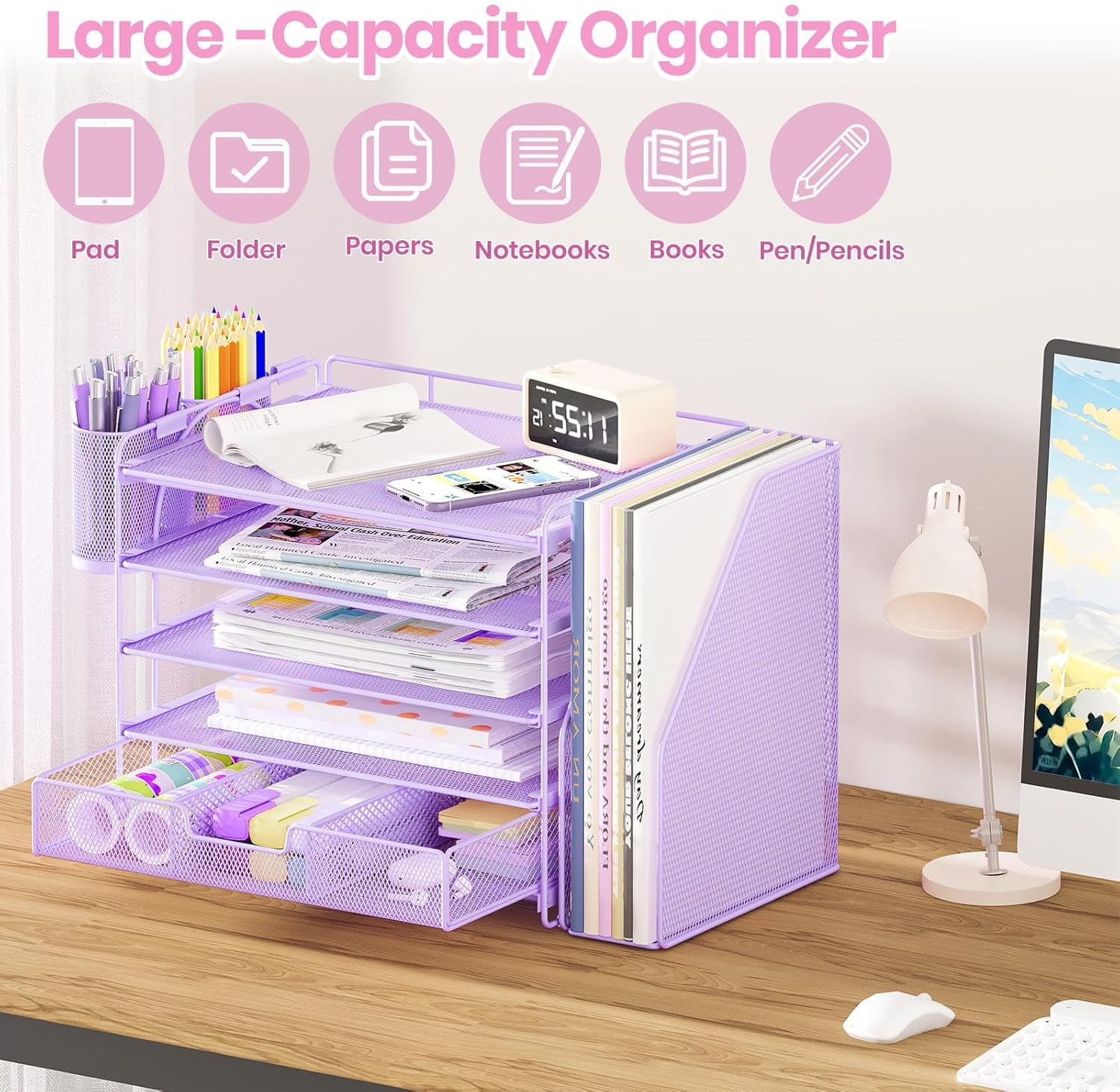 ThrottleT-Desk Organizers and Accessories with File Holder, 5-Tier Office Desk Accessories & Workspace Desktop Organizer with Drawer and 2 Pen Holder, File Paper Organizer for Office Supplies(Purple)