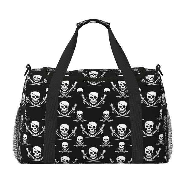 Fotbe Pirate skulls Bolsa de Viaje con Estampado, Bolsa de Fin de Semana para Mujer con Compartimento para Zapatos, Bolsa de Gimnasio con Bolsillo Húmedo