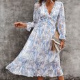thumbnail image 3 of Women's Spring Summer Dress Deep V 3/4 Long Sleeve Dress Ruffle Hem & Trim, 3 of 6