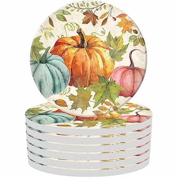 wonima44 Fall Thanksgiving Coaster Set of 6 Watercolor Pumpkin Maple Leaves Drink Coaster Autumn Absorbent Natural Ceramic Coaster Harvest Cup Mat for Mugs Cups Home Kitchen Office Party Supplies