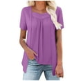 thumbnail image 2 of JTZGDY Summer Tunic Tops for Women to Hide Belly Fake Two Piece Short Sleeve Casual Solid Color V Neck Ruched Pleated T-Shirts Loose Flowy Layered Blouse for Leggings Purple L, 2 of 9