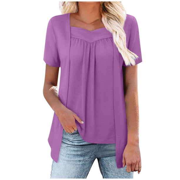 Camisetas de Manga Corta de Verano para Mujeres, Moda Color Sólido Falso Cuello Redondo de Dos Piezas para Uso Casual Y Diario