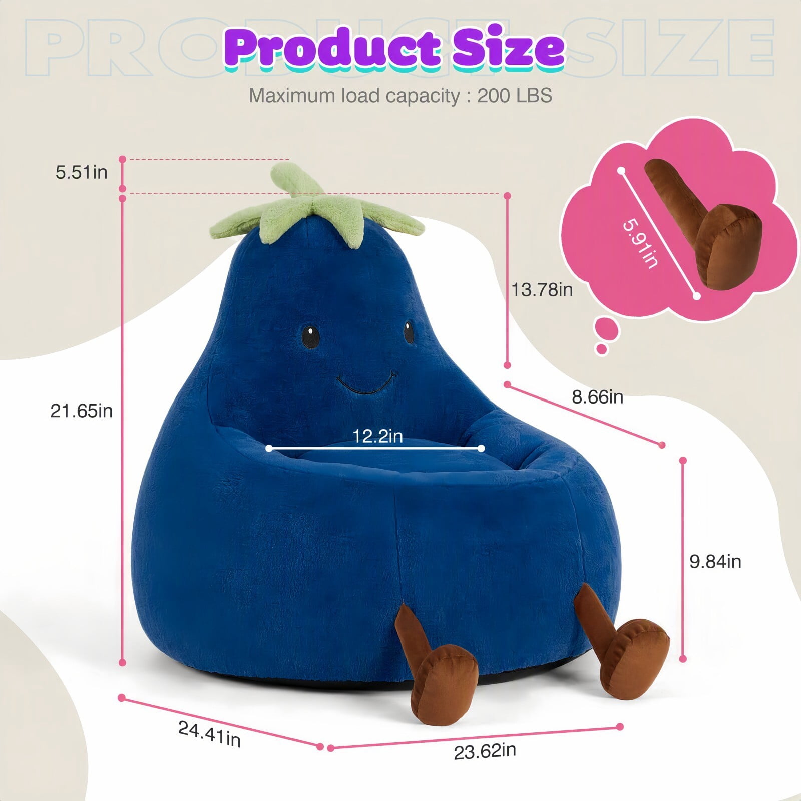 Kelno 24" Kids Bean Bag Chair Faux Rabbit Fur Lazy Chair Toddler Couch, Dark Blue