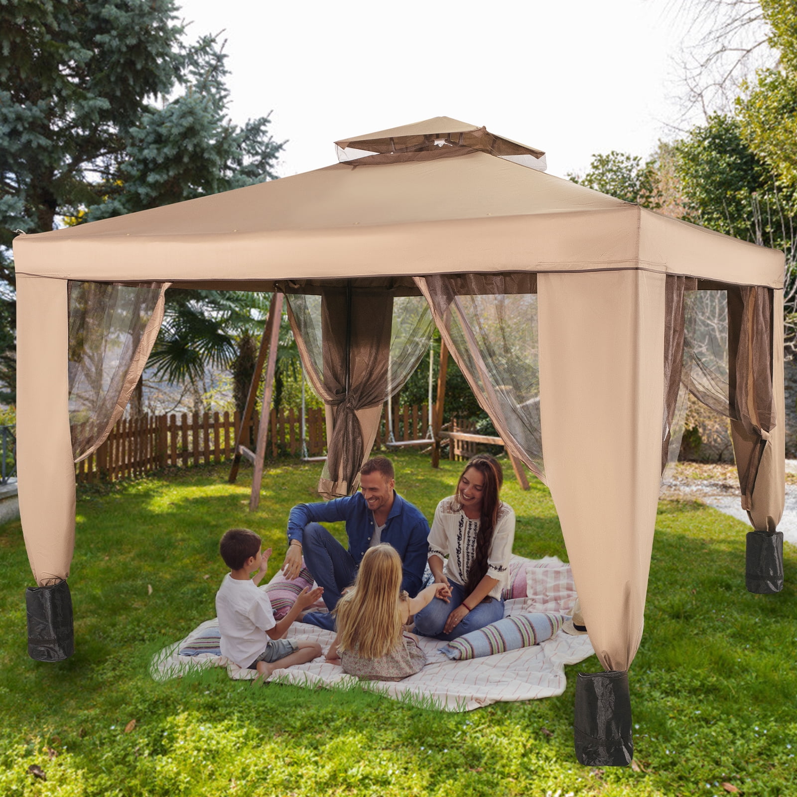 13'x13' Auto extension Push Up Gazebo Canopy Shelter Tan Height Adjustable 