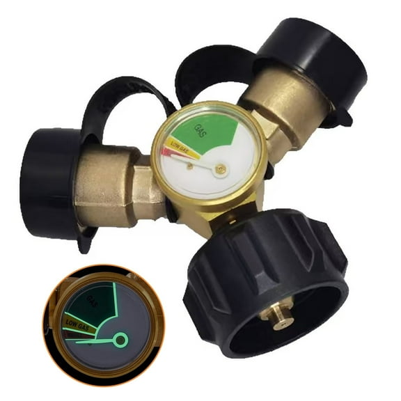 2 Way Propane Tank Y Splitter with Gauge - Hose Splitter for 20lb Cylinder, BBQ Grill, Camping Stove, Heater, RV Camper
