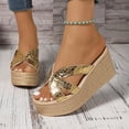 thumbnail image 2 of Rokment Women's Metallic Platform Wedge Dress Slip on Sandals Trendy Casual Leather Open Toe Chunky High Heeled Dressy Summer Shoes for Ladies Gold Size 6.5, 2 of 8