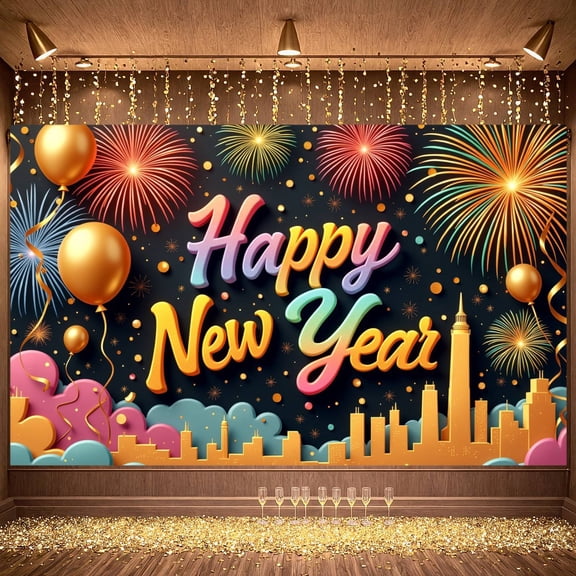 colorful letters Happy New Year Banner gold balloons Festive Backdrop fireworks city skyline New Year Display for New Year Party Indoor Decoration Holiday Celebration