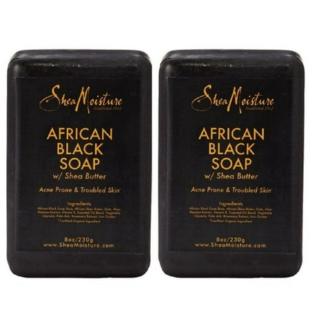 Shea Moisture African Black Soap w/ Shea Butter - Acne Prone & Troubled Skin - 8 oz / 230 gm - Value double pack - Qty of 2 (Best Bar Soap For Sensitive Acne Prone Skin)