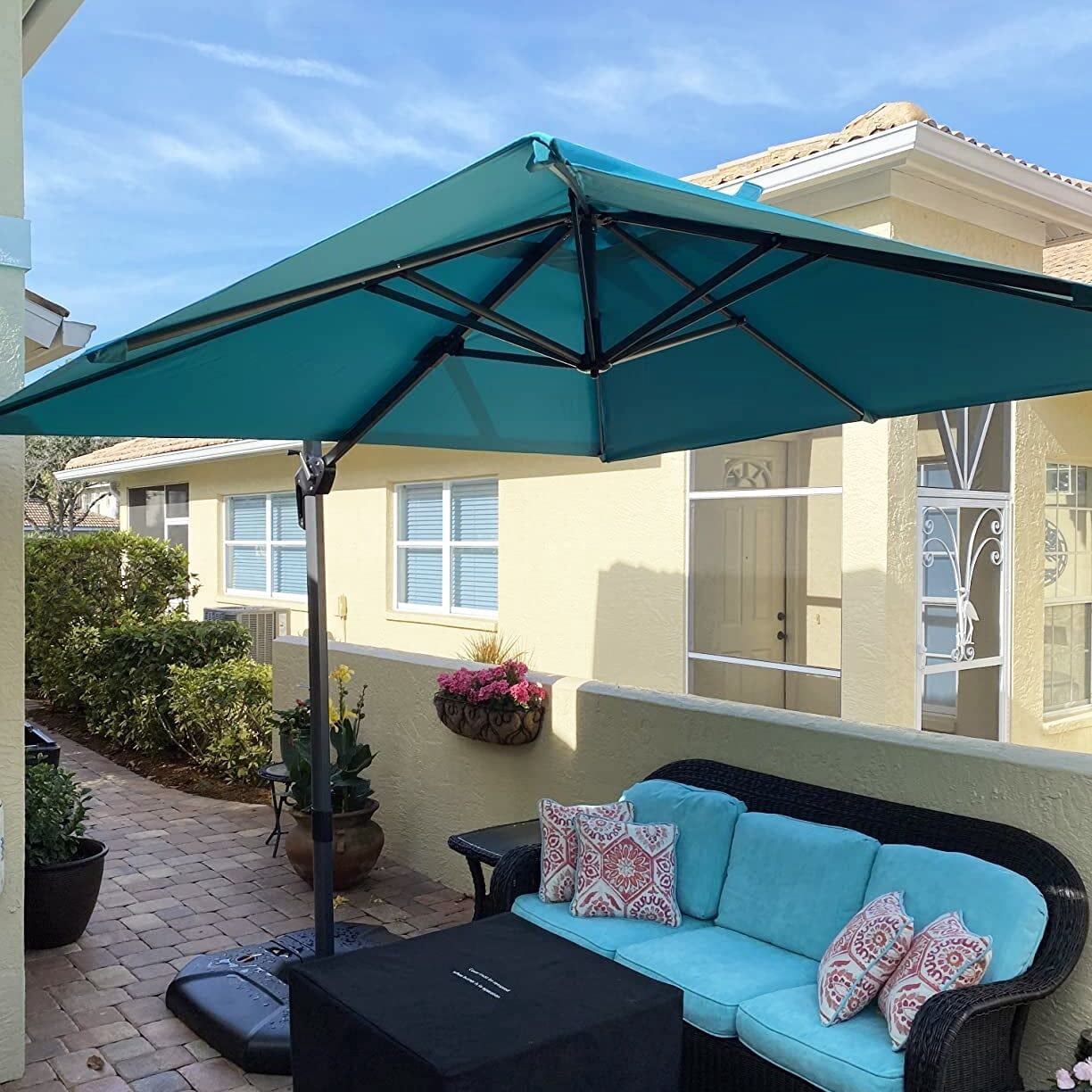PURPLE LEAF 9x9 Ft Cantilever Umbrella Square Outdoor Patio Umbrella Large Offset Hanging Umbrella Aluminum Umbrella with 360°Rotation Adjustable Garden Pool Umbrella,Turquoise Blue