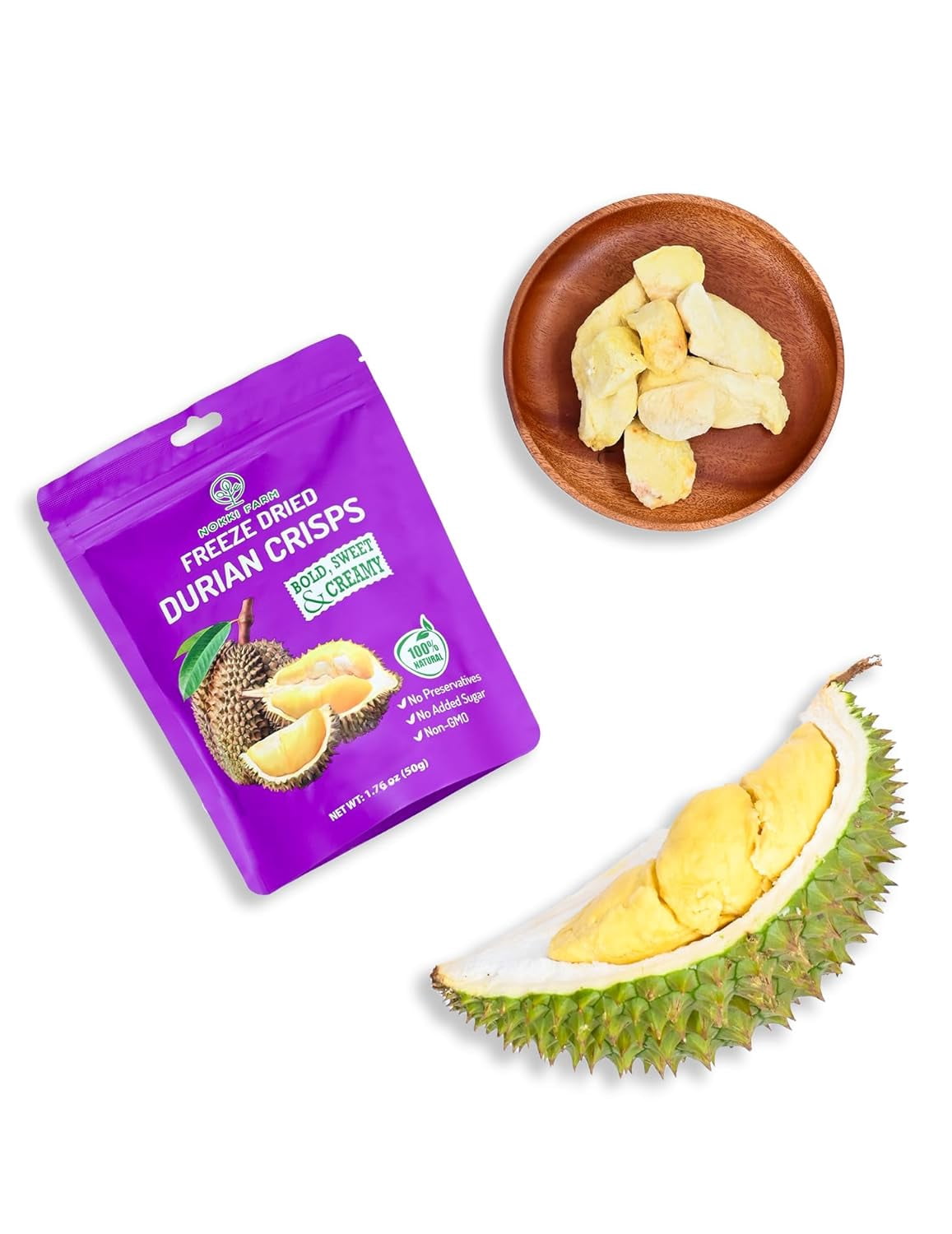 NOKKI FARM Freeze Durian Fruit, Healthy & Exotic Tropical Superfood Snacks, Kid-Approved, No Added Sugar or Preservatives, Shelf-Stable, 0.53 Oz, 6 Pack