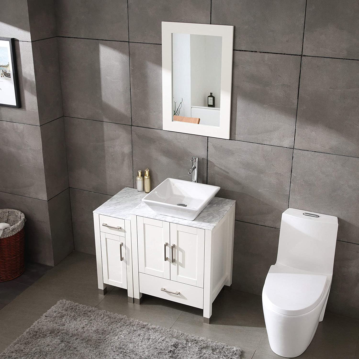 36" Bathroom Vanity Cabinet and Sink Combo Solid Wood Marble Top w/Mirror Faucet&Drain,White