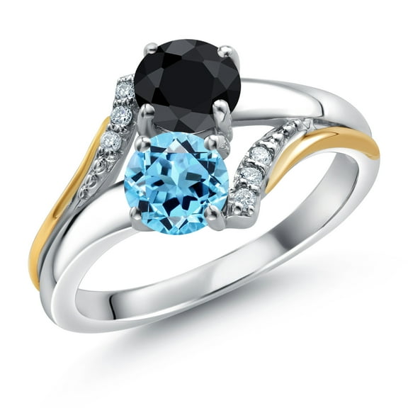 10K Yellow Gold and 925 Silver Swiss Blue Topaz and Black Sapphire and White Lab Grown Diamond Accent Engagement Ring for Women (1.37 Cttw, Gemstone November Birthstone, Round 5MM, Size 7)