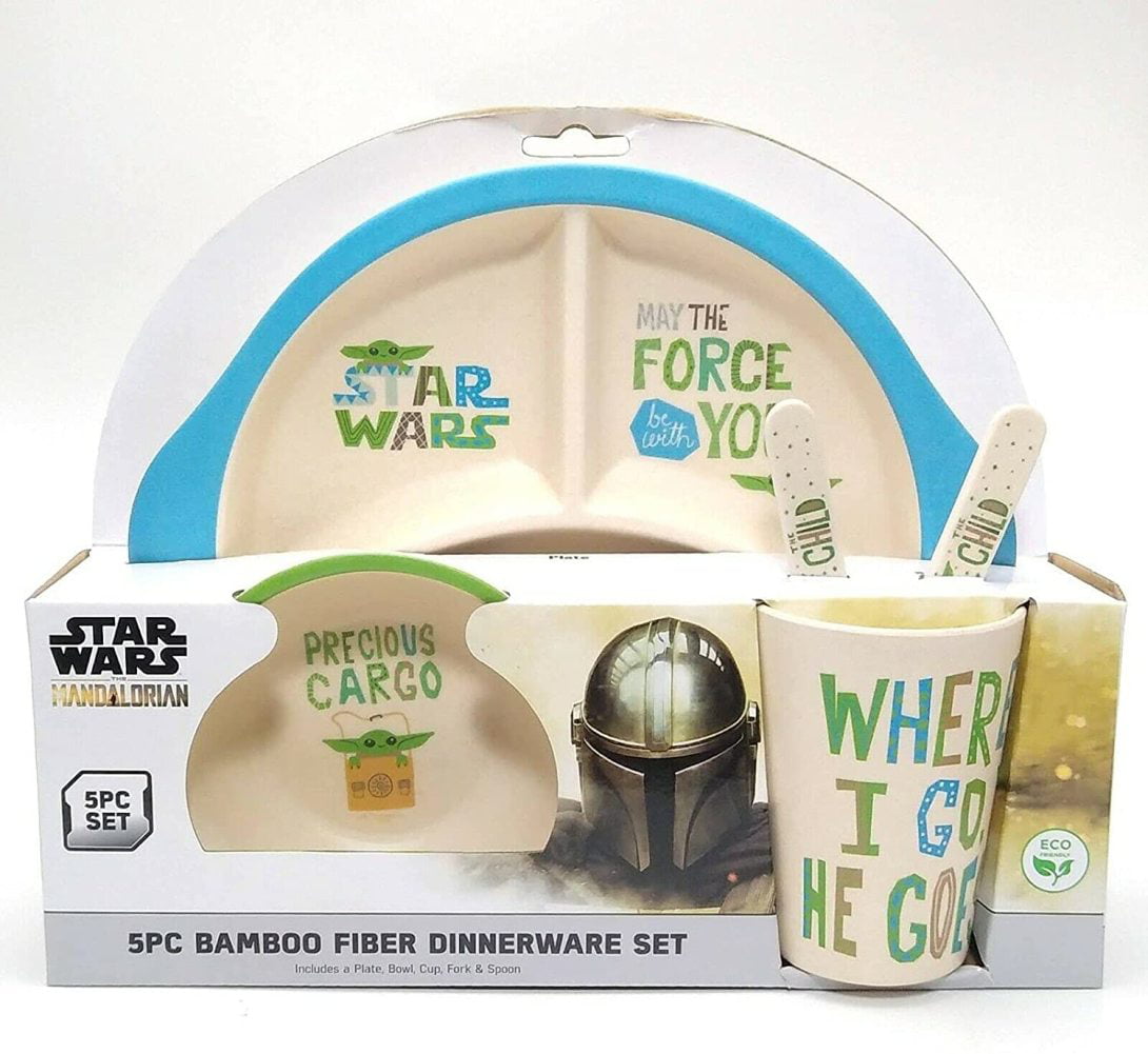 Star Wars Baby Yoda 5 Pcs Bamboo Fiber Dinnerware Plate Bowl Cup Fork Spoon Set 
