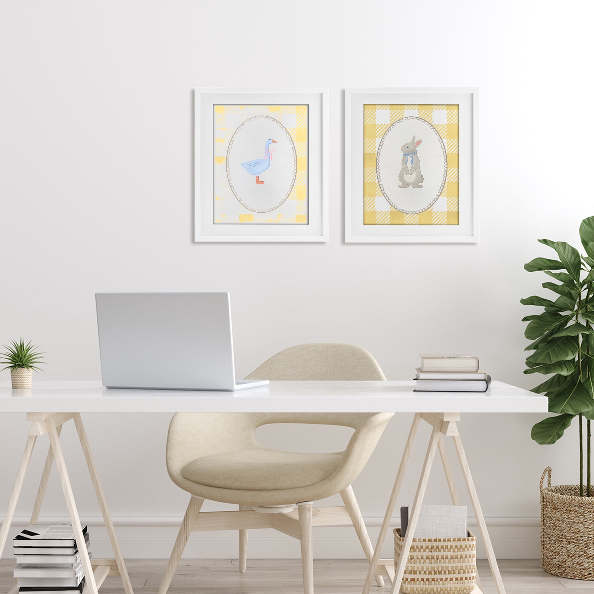Stupell Industries Goose & Bunny Yellow Gingham 2 Piece White Framed Print Under Glass Set, design by The Paper Curator