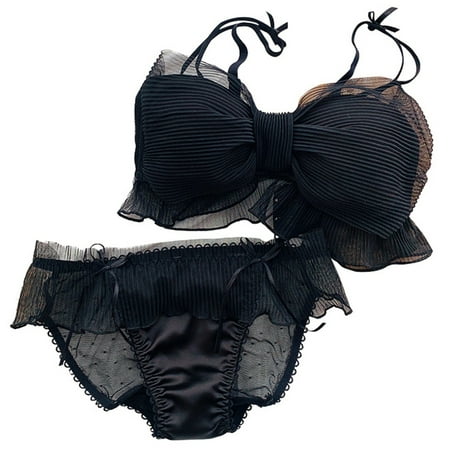 

ZUARFY Women 2Pcs Bra Panty Lingerie Set Layered Ruched Ruffled Lace Bowknot Underwear
