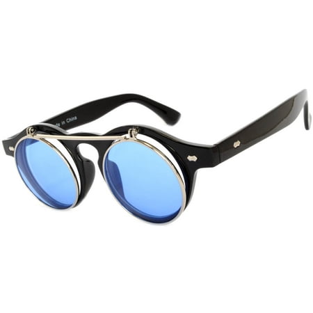 Flip Up Steampunk Vintage Retro Round Circle Gothic Hippie Colored Plastic Frame Sunglasses Blue Lens OWL