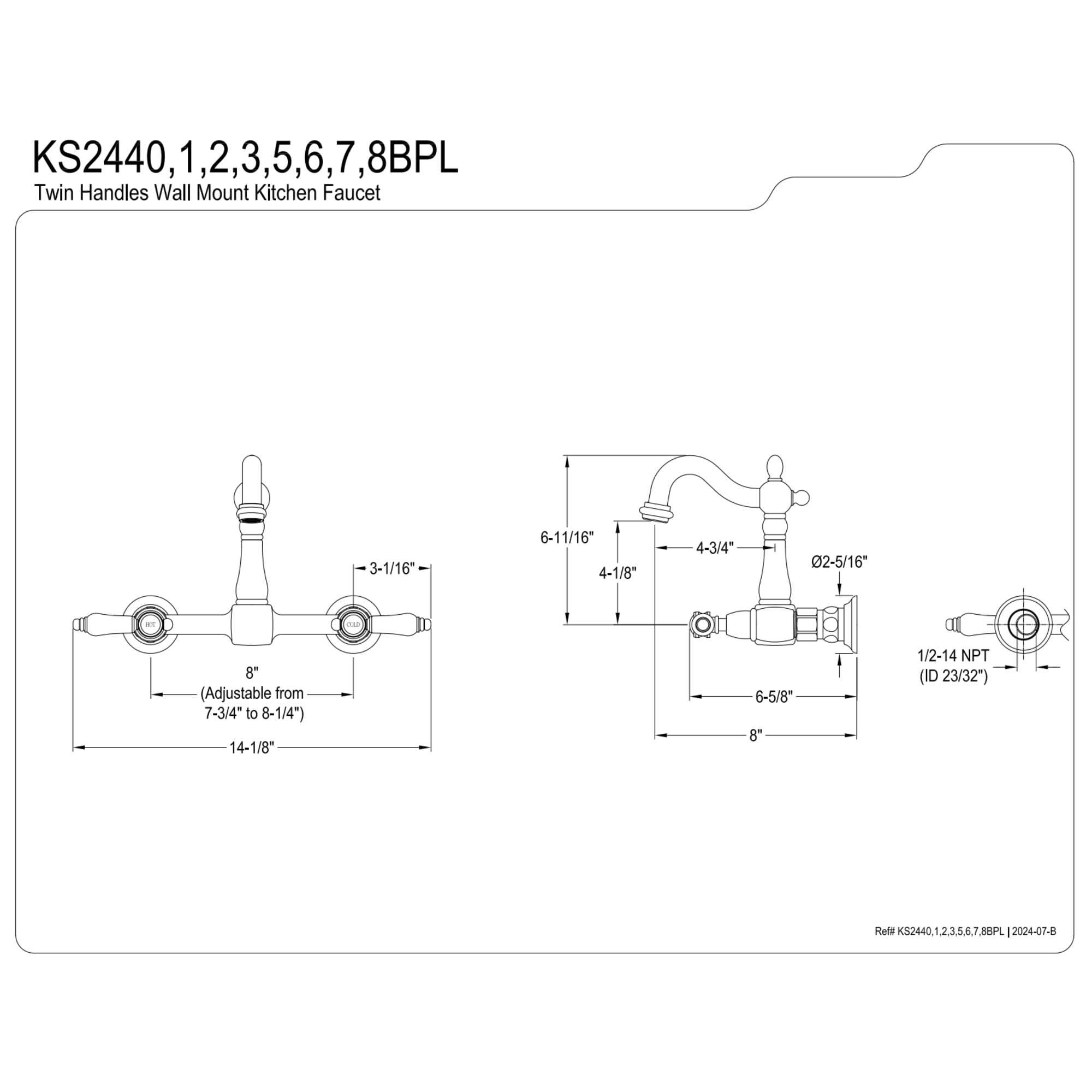 Kingston Brass KS2440BPL Bel-Air Double-Handle Wall-Mount Bridge Kitchen Faucet, Matte Black