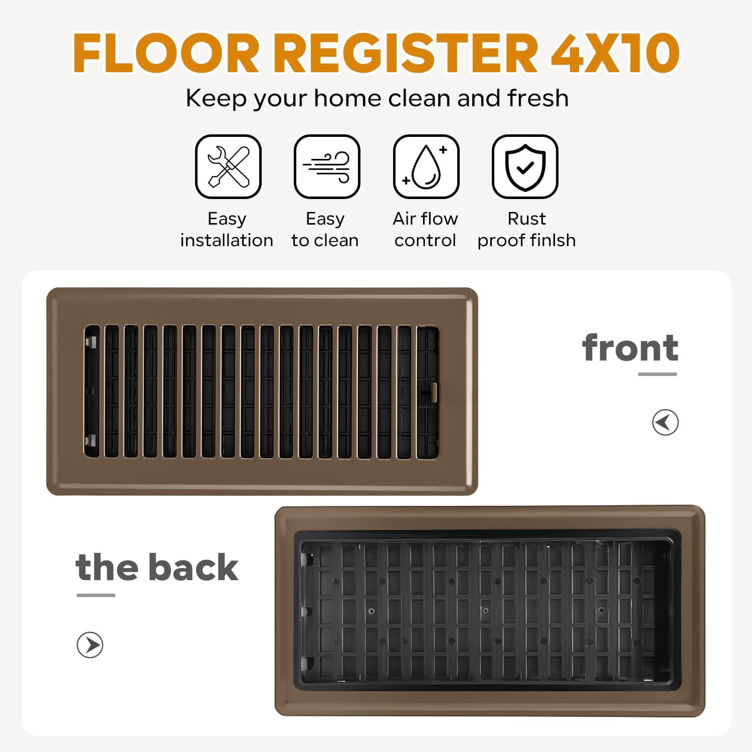 4" x 10" Floor Vent Covers Brown 4 Pack, Heavy Duty Walkable Vent Covers for Home Floor, Premium Finish, Brown