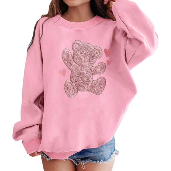 HCYSFG Girls Teddy Bear Graphic Sweatshirts Crewneck Long Sleeve Loose Fit Casual Shirts Drop Shoulder Ribbed Pullover Tops