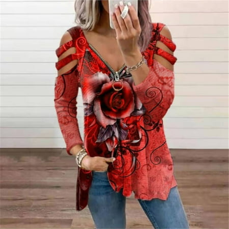 

YFPWM Trending Tops for Women 2022 Halter Tops Plus Size Corset Top Scrub Tops Petite Tops V-neck Zipper Rose Flower Print Tops