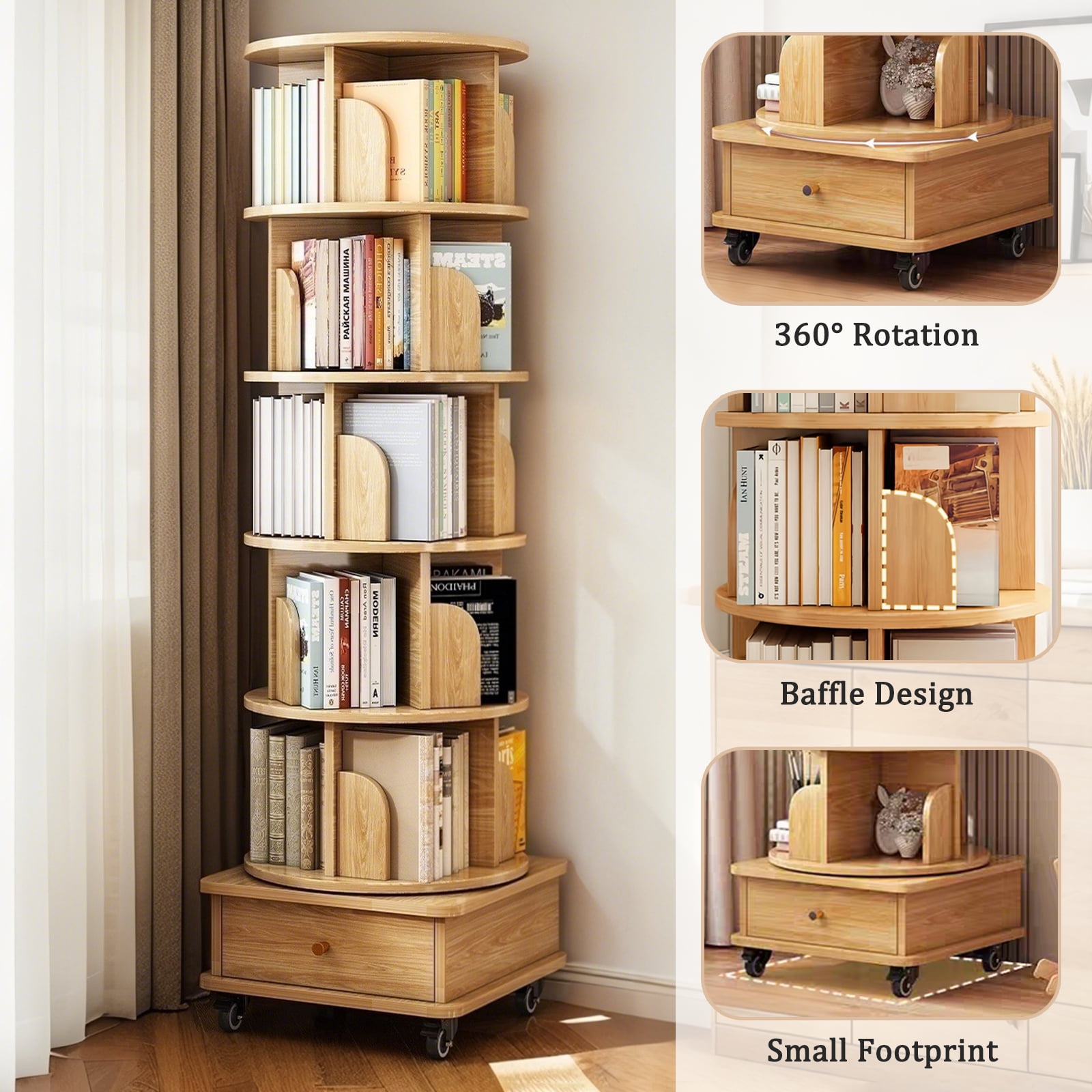 6 Tier Rotating Bookshelf, 360° Display Spinning Bookshelf Tower with Wheels and Drawer, Wood Tall Bookshelfs for Small Space, Corner Bookcase for Bedroom, Living Room, Study Room